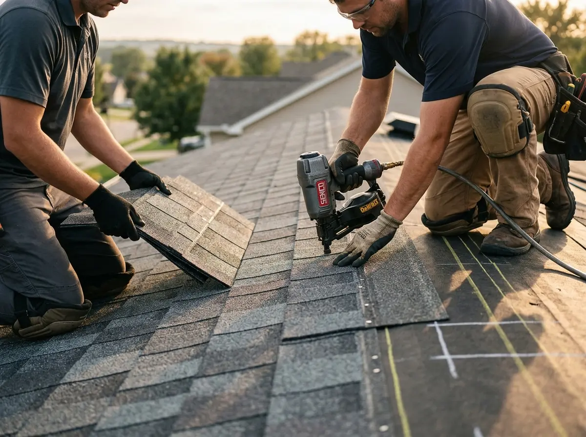 Professional roofer working on a residential roof in Kodiak